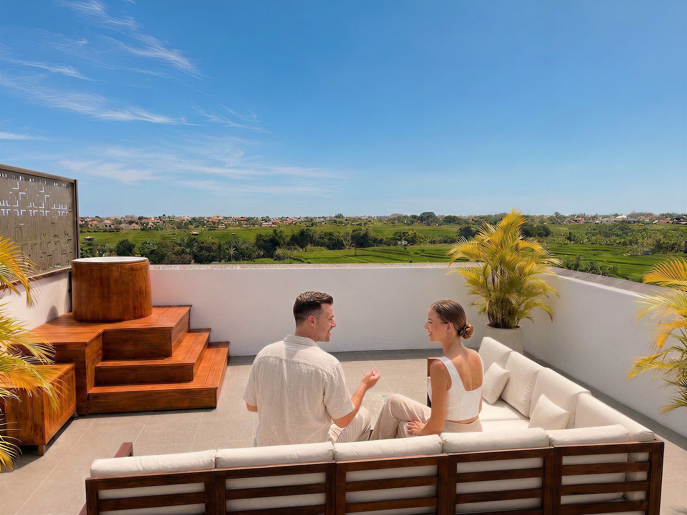 Rooftop terrace with panoramic rice field views